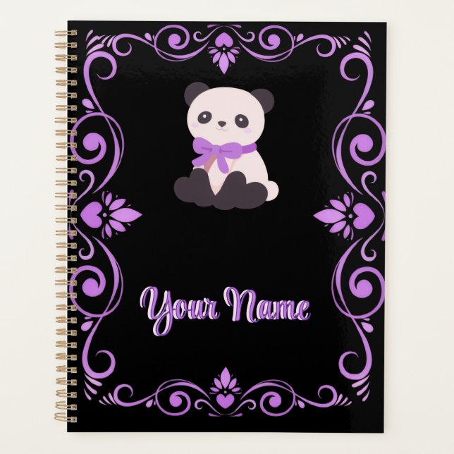 Cute Purple Panda Bow Ornate Damask Frame Planner (Front)