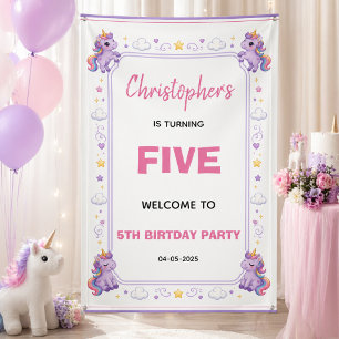 Cute Purple Pastel Magic Unicorn 5th Birthday Banner