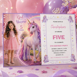Cute Purple Pastel Magic Unicorn 5th Birthday Invitation