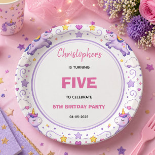 Cute Purple Pastel Magic Unicorn 5th Birthday Paper Plates