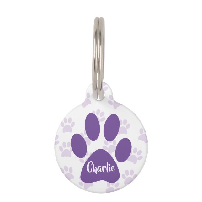 Cute Purple Paw Prints Personalized Pet ID Tag (Front)