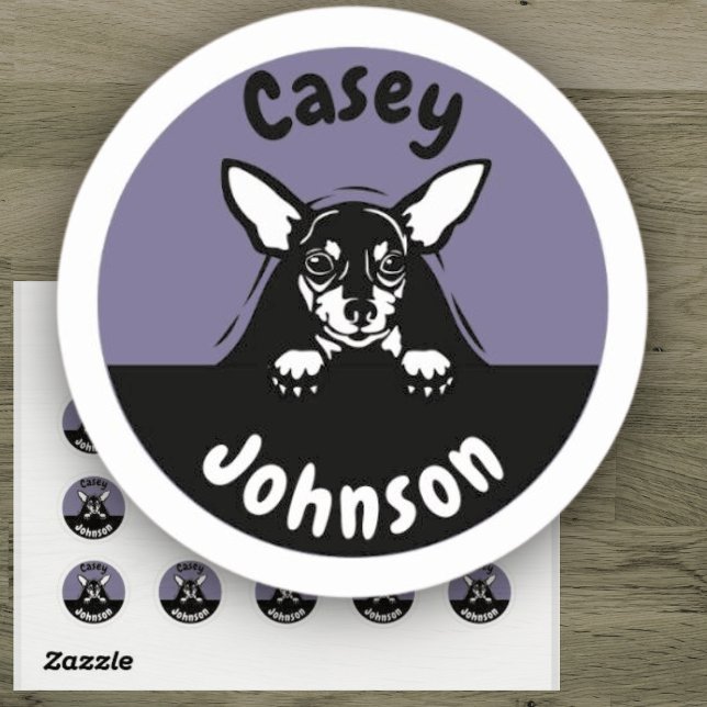 Cute Purple Peeking Chihuahua Back to School Name Classic Round Sticker (Creator Uploaded)