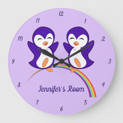 Cute Purple Penguin Lover Large Clock