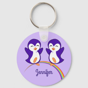 Cute Purple Penguin Monogram Rainbow Kids Keychain