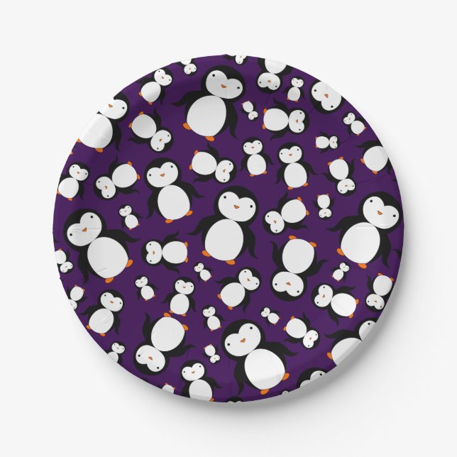 Cute purple penguin pattern paper plates (Front)