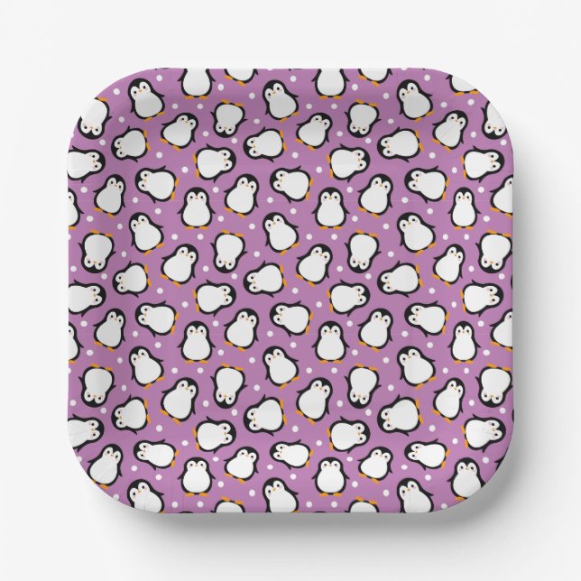 Cute purple penguin pattern paper plates (Front)