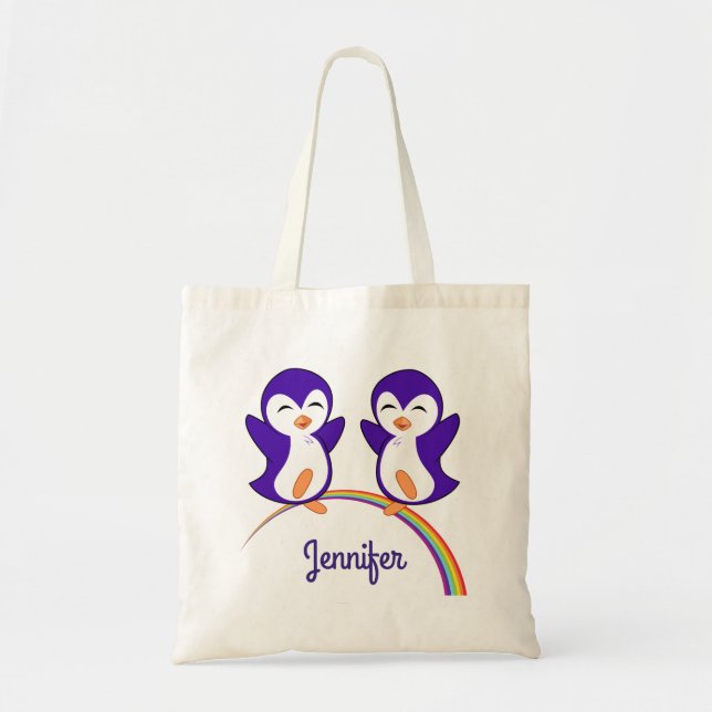 Cute Purple Penguin Personalized Name Tote Bag (Front)