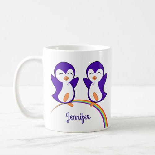 Cute Purple Penguin Rainbow Monogram Kids Coffee Mug
