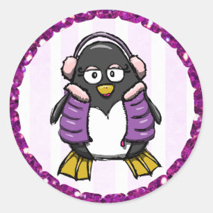 Cute Purple Penguin with Ear Muffs Stickers