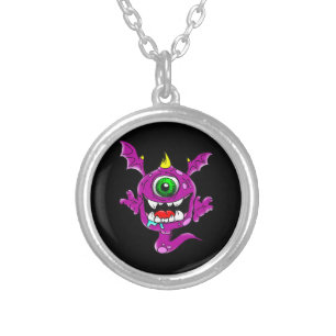 Cute Purple People Eater Monster Silver Plated Necklace