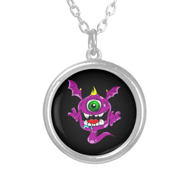 Cute Purple People Eater Monster Silver Plated Necklace (Front)