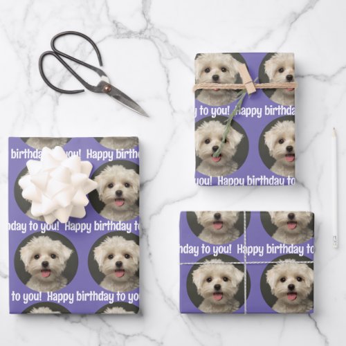 Cute Purple Pet Photo Pattern Happy Birthday Wrapping Paper Sheets