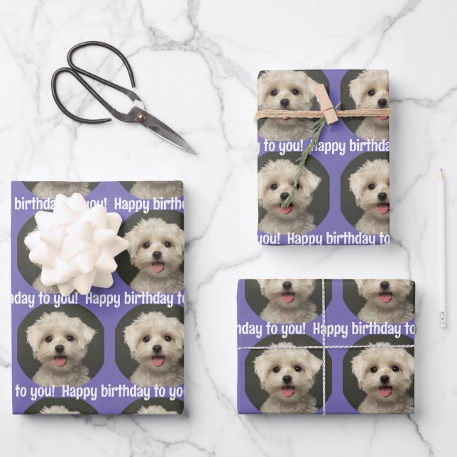 Cute Purple Pet Photo Pattern Happy Birthday Wrapping Paper Sheets (Front)