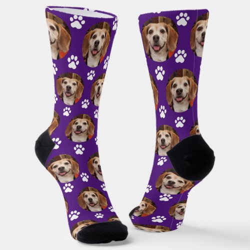 Cute Purple Pet Photo  Paw Prints Custom Socks
