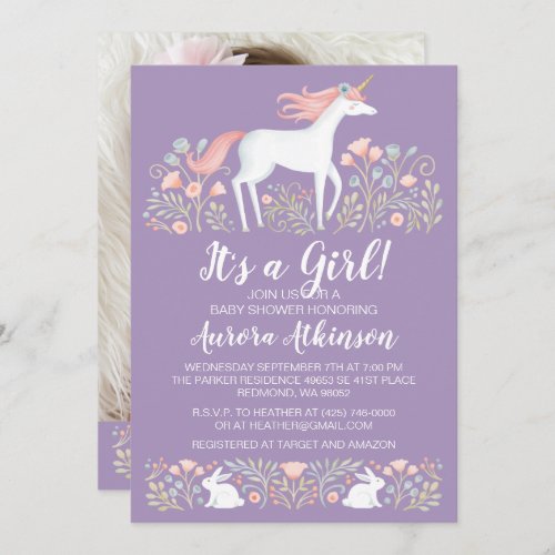 Cute Purple Photo Unicorn Baby Shower Invitation