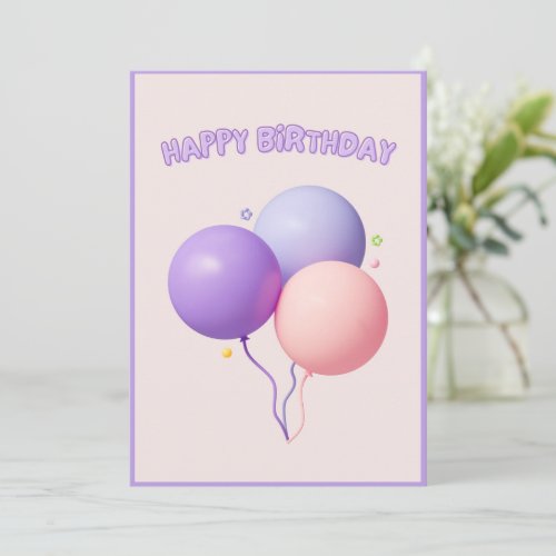 Cute Purple Pink Balloons Happy Birthday Card