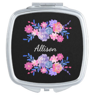 Cute Purple Pink & Blue Flowers Monogrammed Name Compact Mirror