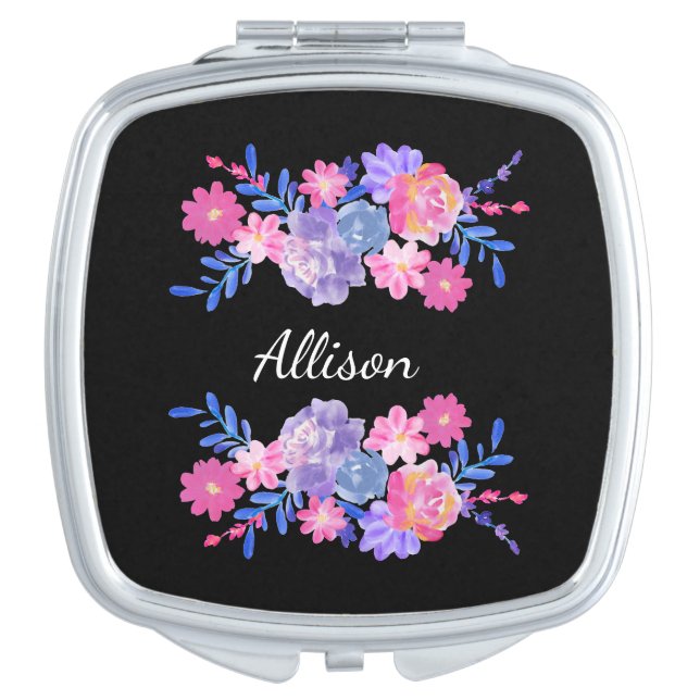 Cute Purple Pink & Blue Flowers Monogrammed Name Compact Mirror (Front)