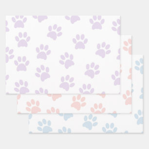 Cute Purple, Pink & Blue Paw Print Pattern Wrapping Paper Sheets
