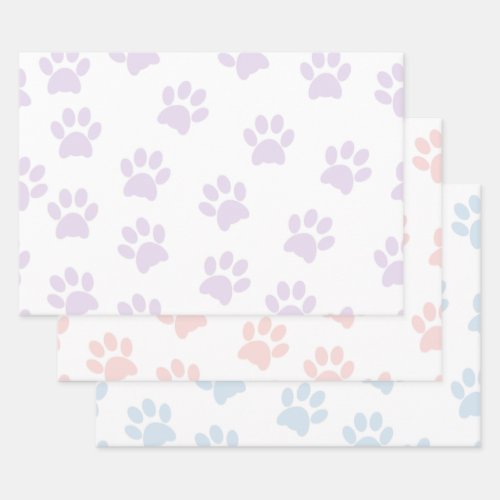 Cute Purple Pink  Blue Paw Print Pattern Wrapping Paper Sheets