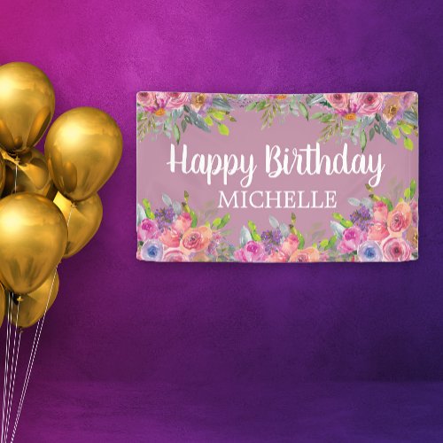 Cute Purple Pink Floral Happy Birthday Name Banner