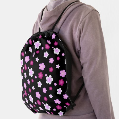 Cute purple  pink flower pattern Gift on Black BG Drawstring Bag