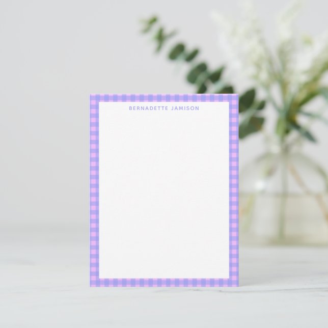 Cute Purple Pink Gingham Personalized Stationery Note Card (Standing Front)