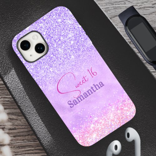 Cute purple pink glitter birthday monogram Case_Mate iPhone 14 case