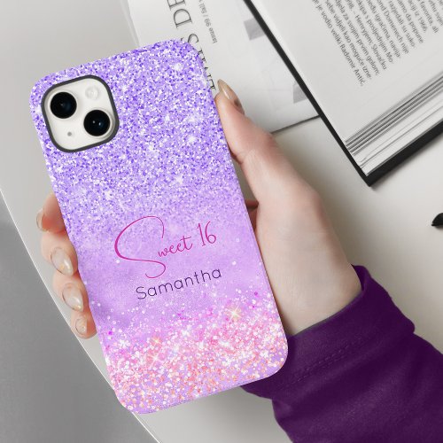 Cute purple pink glitter birthday monogram iPhone 15 case