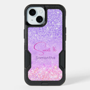Cute purple pink glitter birthday monogram iPhone 15 case