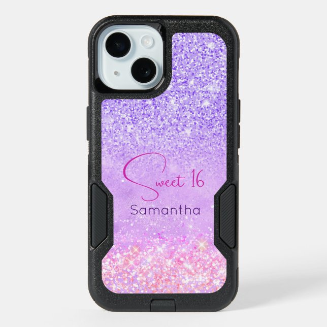 Cute purple pink glitter birthday monogram iPhone 15 case (Back)