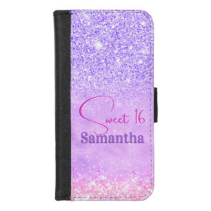 Cute purple pink glitter birthday monogram iPhone 8/7 wallet case