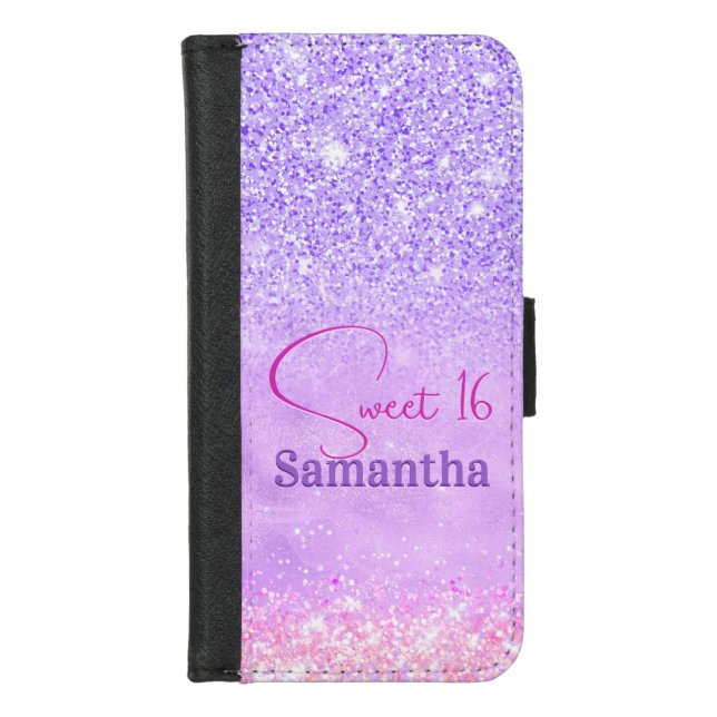 Cute purple pink glitter birthday monogram iPhone wallet case (Front)