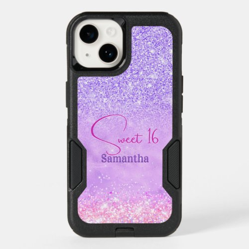 Cute purple pink glitter birthday monogram OtterBox iPhone 14 case