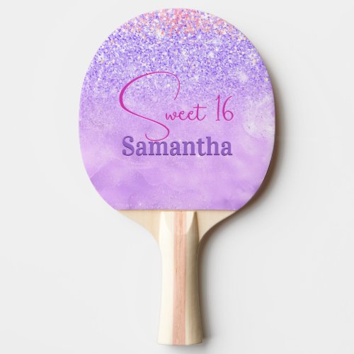 Cute purple pink glitter birthday monogram ping pong paddle