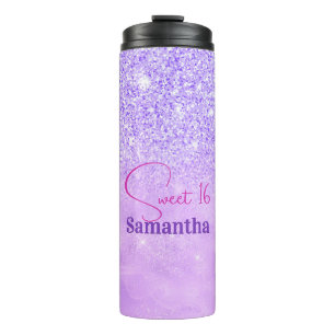 Cute purple pink glitter birthday monogram thermal tumbler