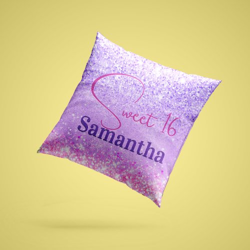 Cute purple pink glitter birthday monogram throw pillow