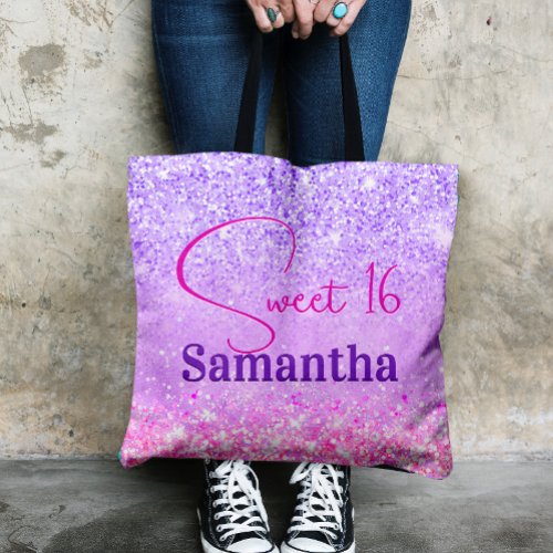 Cute purple pink glitter birthday monogram tote bag