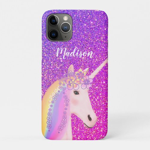 Cute Purple Pink Glitter Unicorn Personalized iPhone 11 Pro Case