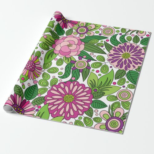 Cute Purple Pink  Green Flowers Pattern Wrapping Paper