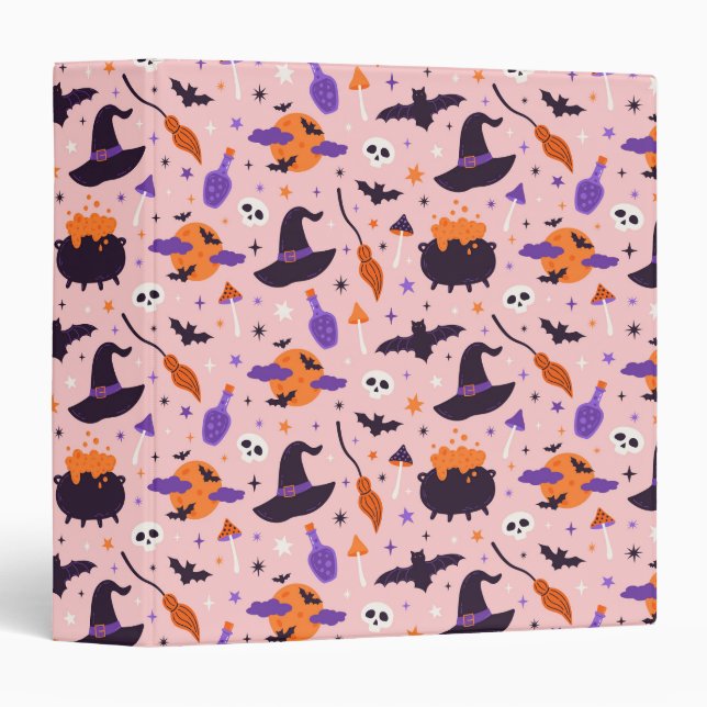 Cute Purple & Pink Halloween Pattern 3 Ring Binder (Front/Spine)