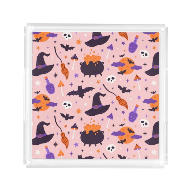 Cute Purple & Pink Halloween Pattern Acrylic Tray (Front)
