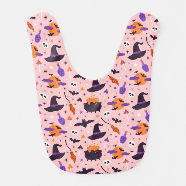 Cute Purple & Pink Halloween Pattern Baby Bib (Front)