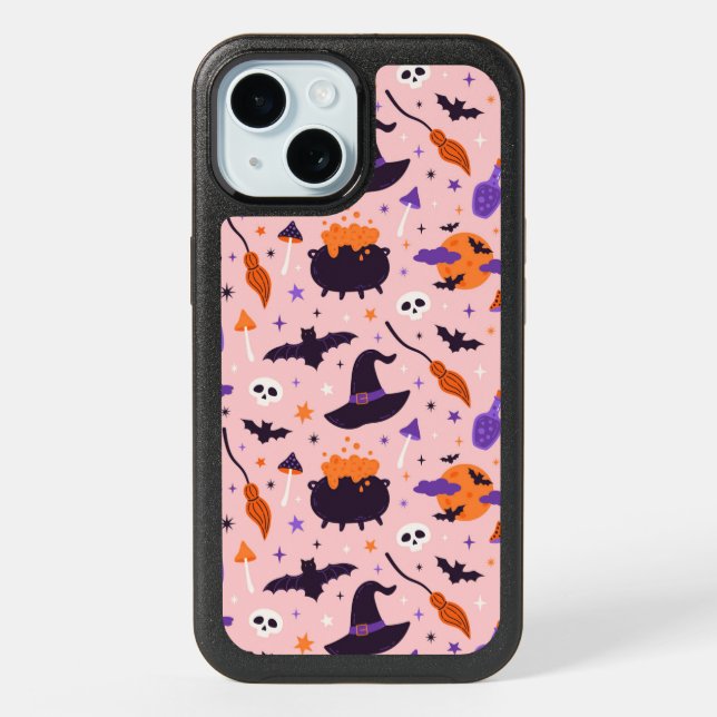 Cute Purple & Pink Halloween Pattern iPhone 15 Case (Back)