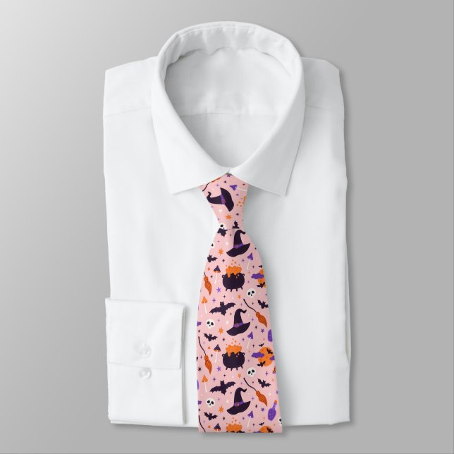 Cute Purple & Pink Halloween Pattern Neck Tie (Tied)