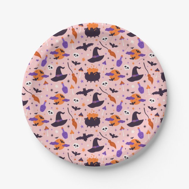 Cute Purple & Pink Halloween Pattern Paper Plates (Front)