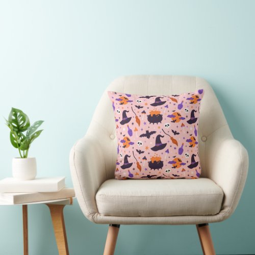 Cute Purple  Pink Halloween Pattern Throw Pillow