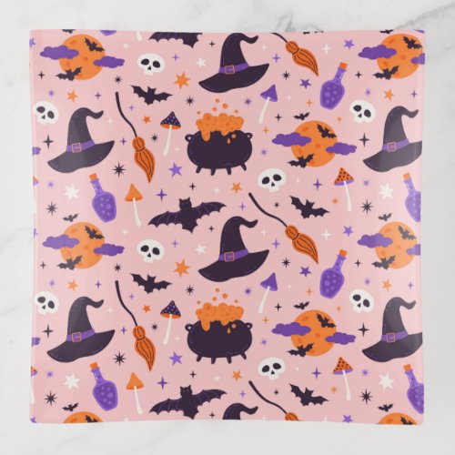 Cute Purple  Pink Halloween Pattern Trinket Tray