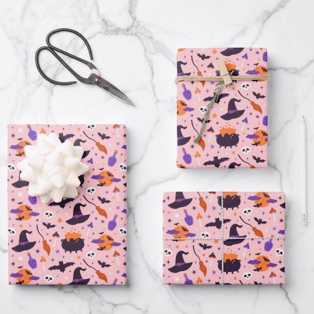 Cute Purple & Pink Halloween Pattern Wrapping Paper Sheets (Front)