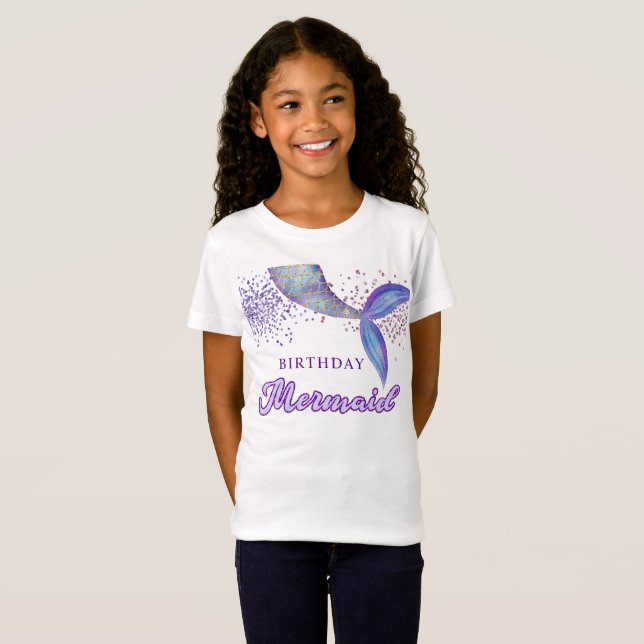 Cute Purple Pink Modern Glitter Mermaid Birthday T-Shirt (Front Full)